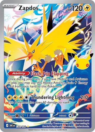 Pokemon TCG! Zapdos 2026 30th Celebration #133/128 Near Mint