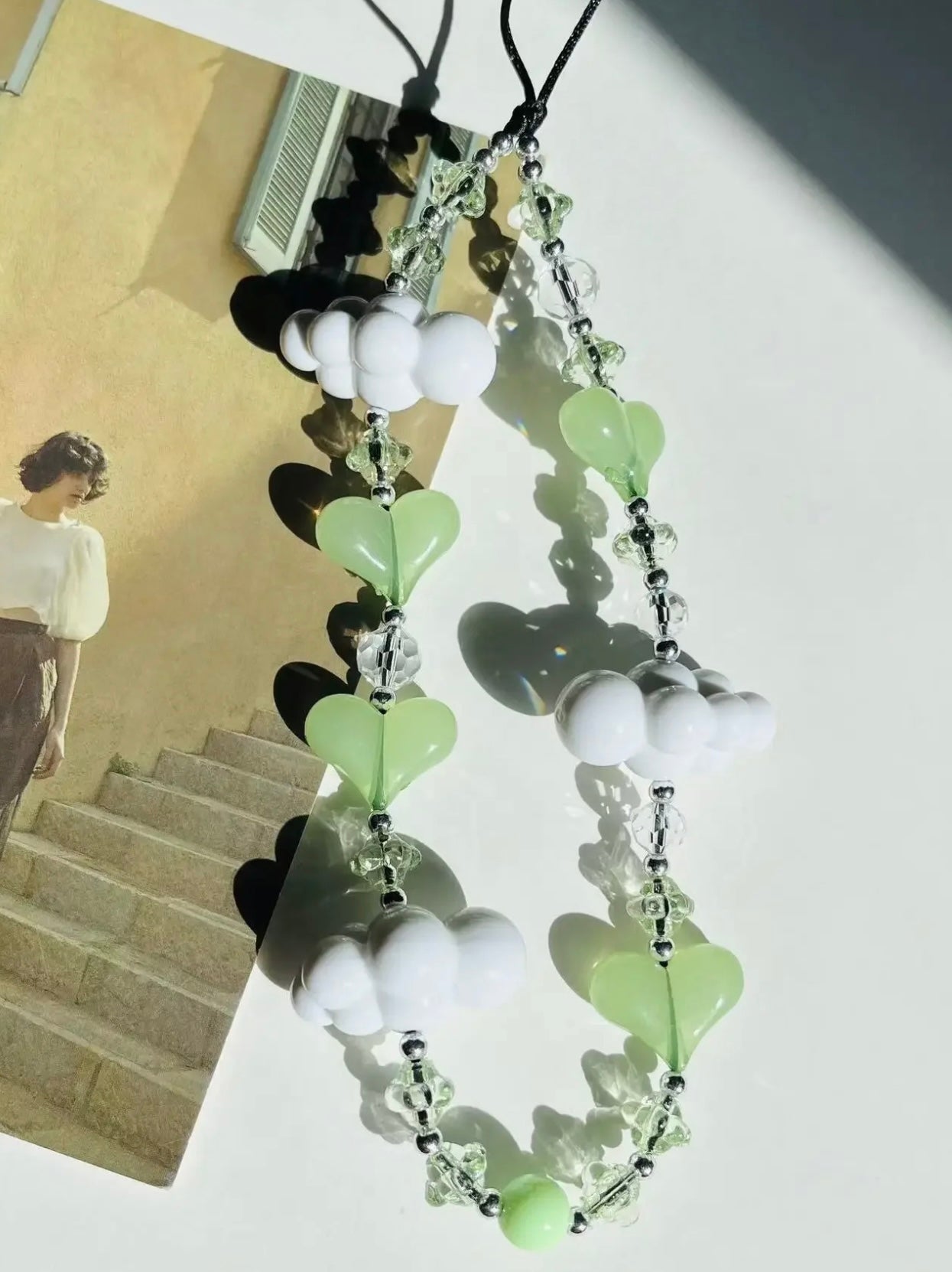 Green Crystal Heart White Clouds Phone Strap Phone Charm Y2K Accessories Jewelry for Phone