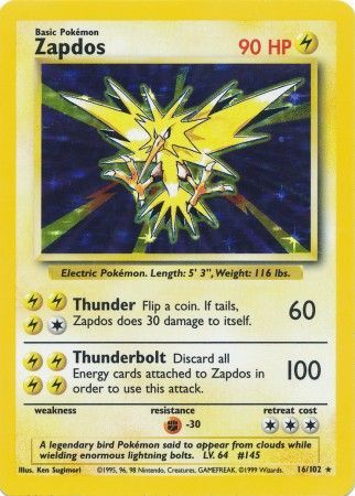 Pokemon TCG! Zapdos 1999 Base Set Unlimited #16/102 Holo
