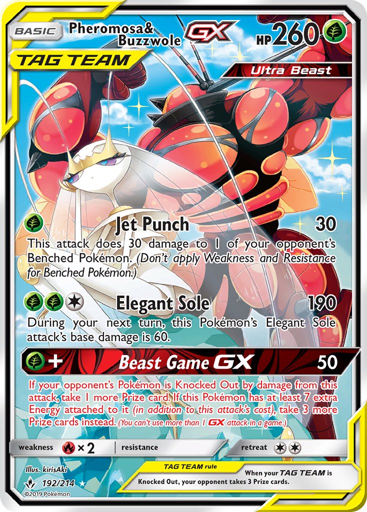 Pokemon TCG! Pheromosa & Buzzwole GX 2019 Unbroken Bonds #192/214 Ultra Rare Near Mint