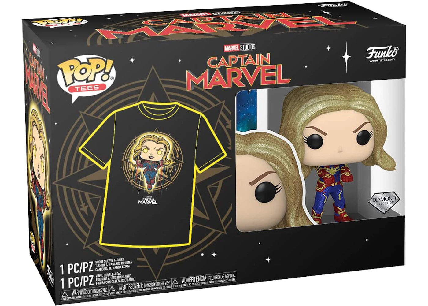 Funko Pop! Tees Marvel Studios Captain Marvel Diamond Collection With Unisex T-Shirt SOZE MEDIUM Bundle Figure #427