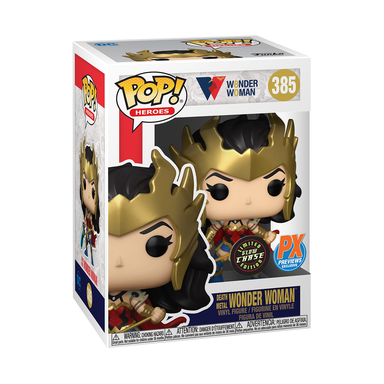 Funko Pop! Wonder Woman - Death Metal Wonder Woman 385 GLOW CHASE PX Previews Exclusive + Pop Protector