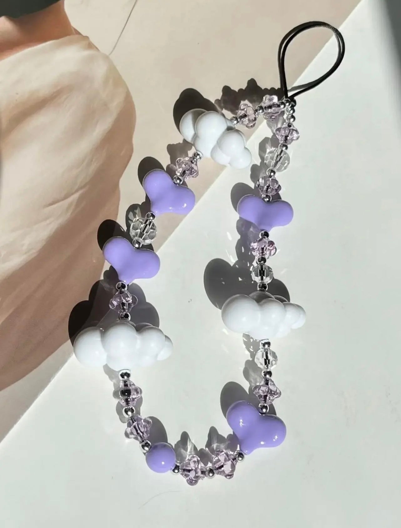 Purple Crystal Heart White Clouds Phone Strap Phone Charm Y2K Accessories Jewelry for Phone