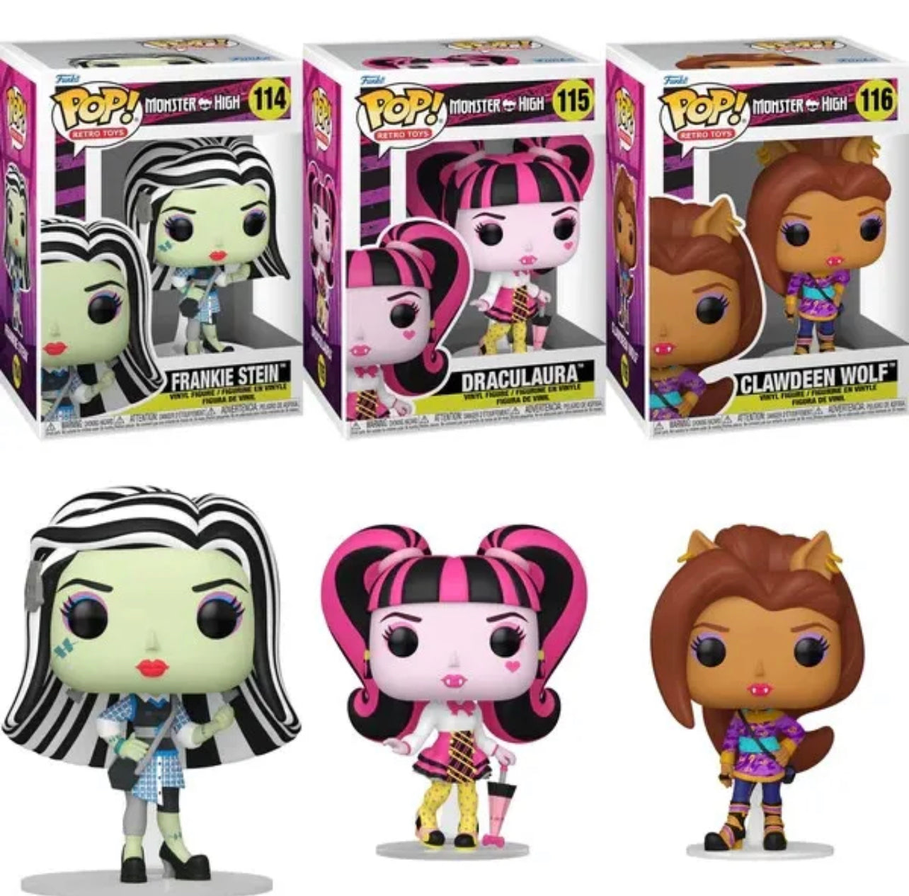 Complete Monster High Set! Frankie Stein 114, Draculaura 115, and Clawdeen Wolf 116 + Free Protectors