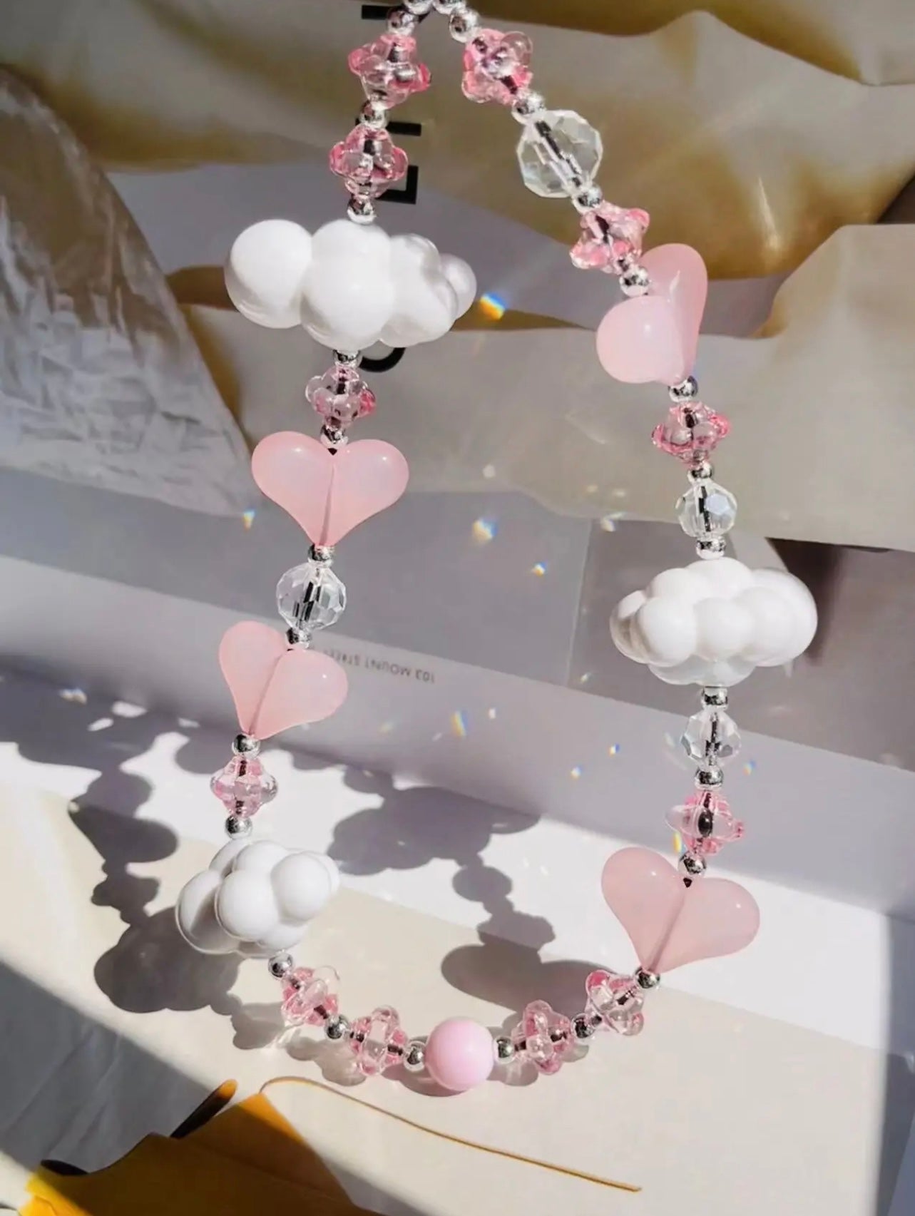 Pink Crystal Heart White Clouds Phone Strap Phone Charm Y2K Accessories Jewelry for Phone