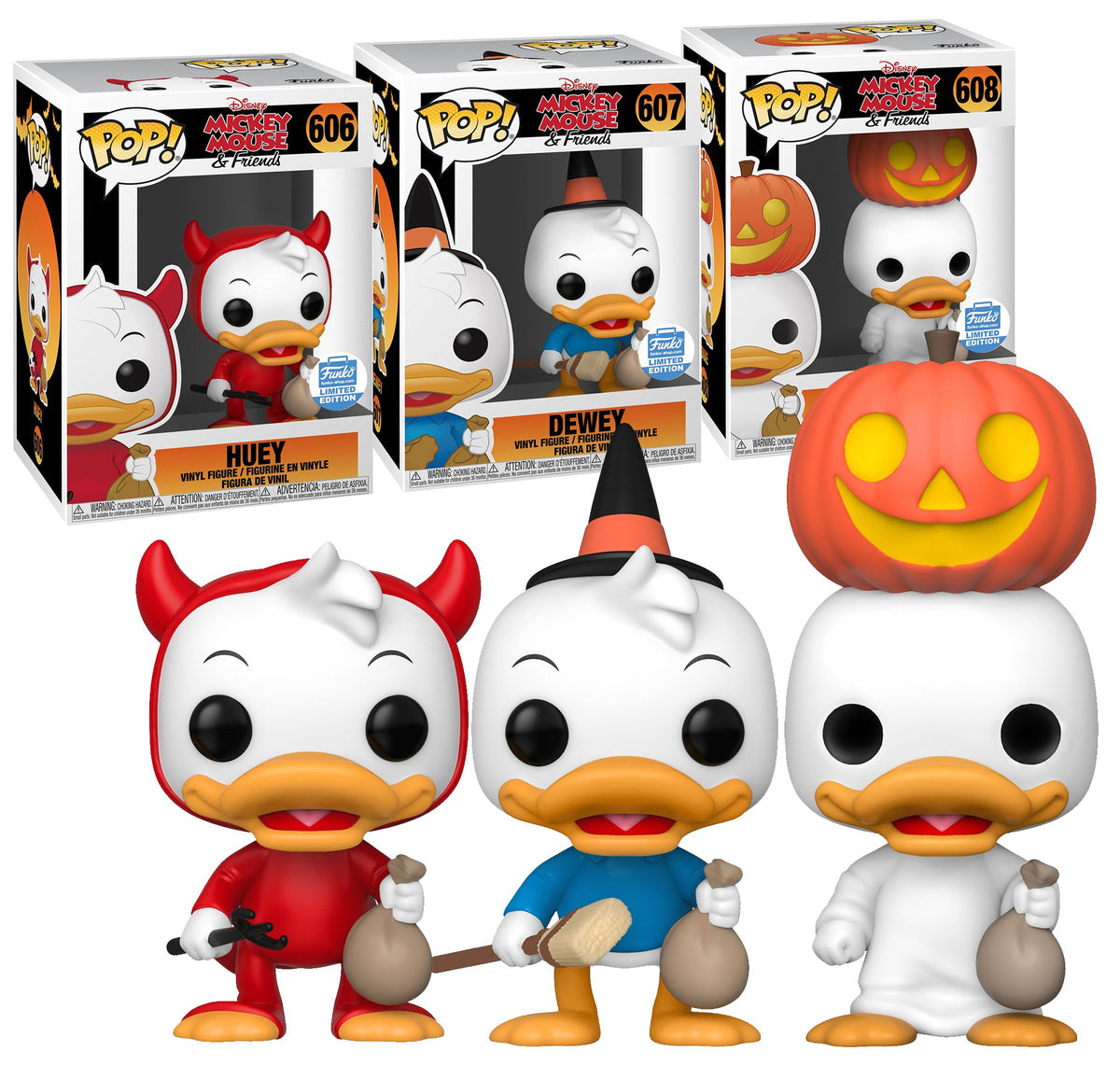 Funko Pop! Disney Mickey Mouse & Friends Huey 606, Dewey 607, and Louie 608 Funko Shop Exclusive + Free Protector