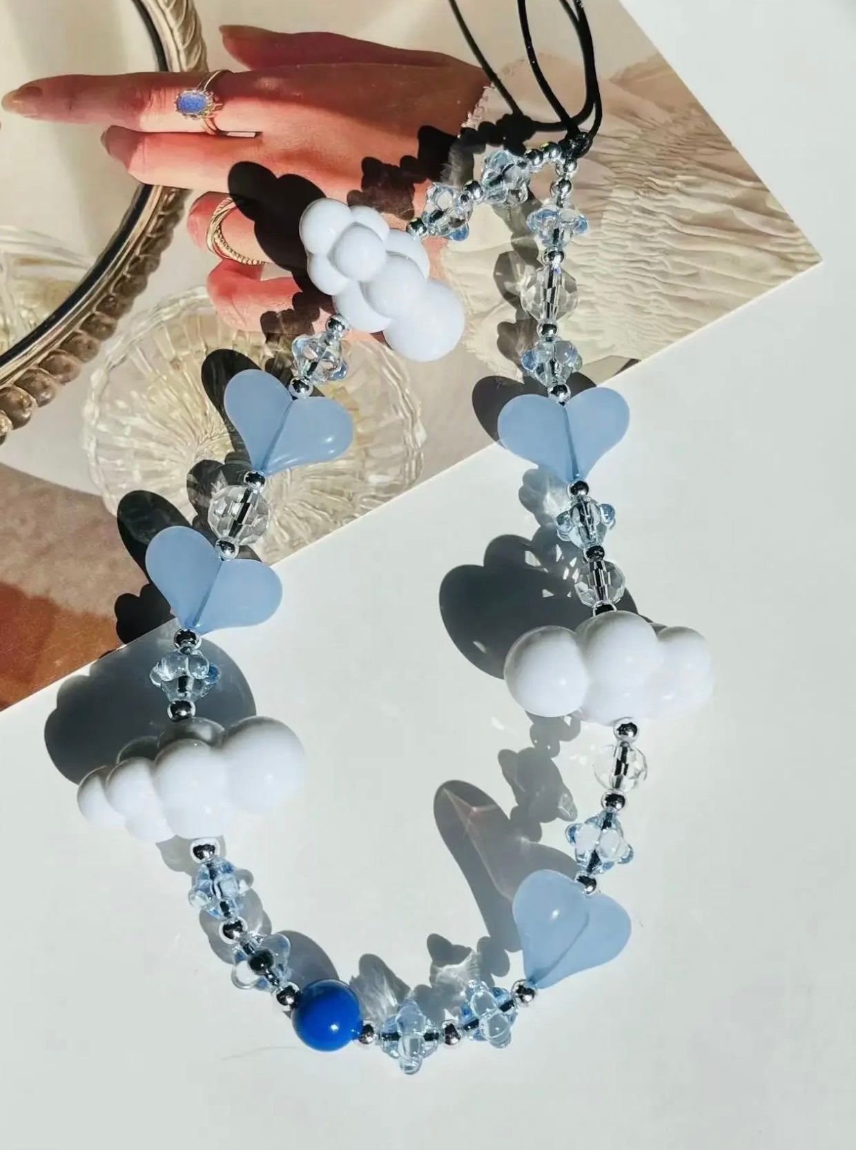 Blue Crystal Heart White Clouds Phone Strap Phone Charm Y2K Accessories Jewelry for Phone