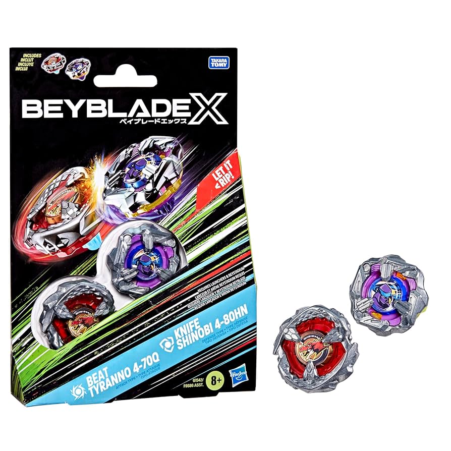 Beyblade X Beat Tyranno 4-70Q & Knife Shinobi 4-80HN Dual Pack Set with 2 Right-Spinning Tops; Authentic Takara Tomy Battle Tops