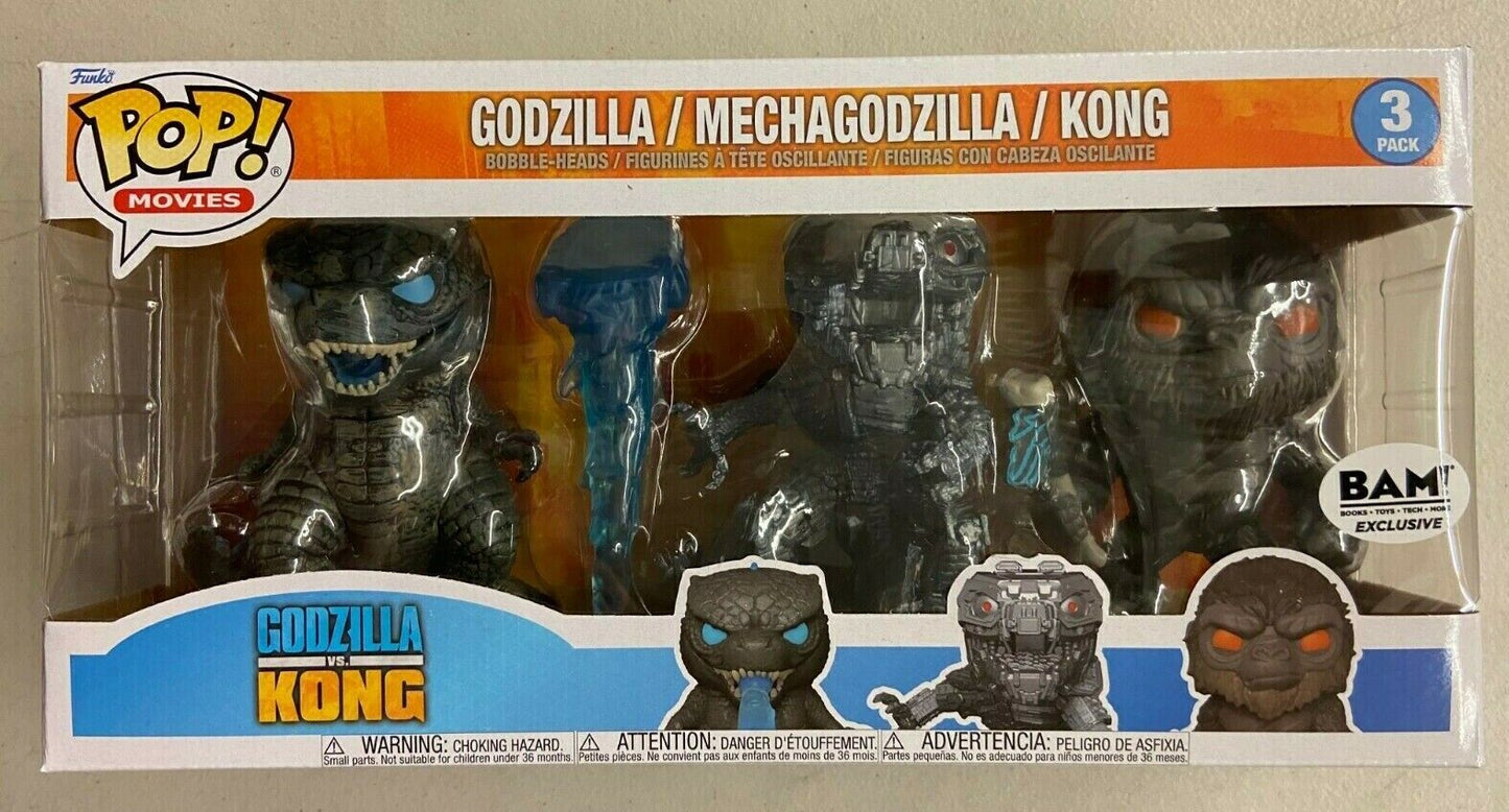 Funko Pop Movies : Godzilla vs Kong : BAM Exclusive 3 Pack w/ Mechagodzilla (some box damage / wear)