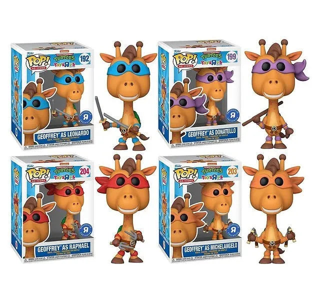 Funko POP! Ad Icons: Teenage Mutant Ninja turtles x Toys R Us #192 #199 #203 #204 - Geoffrey as Leonardo, Donatello, Michelangelo, and Raphael + PROTECTOR!