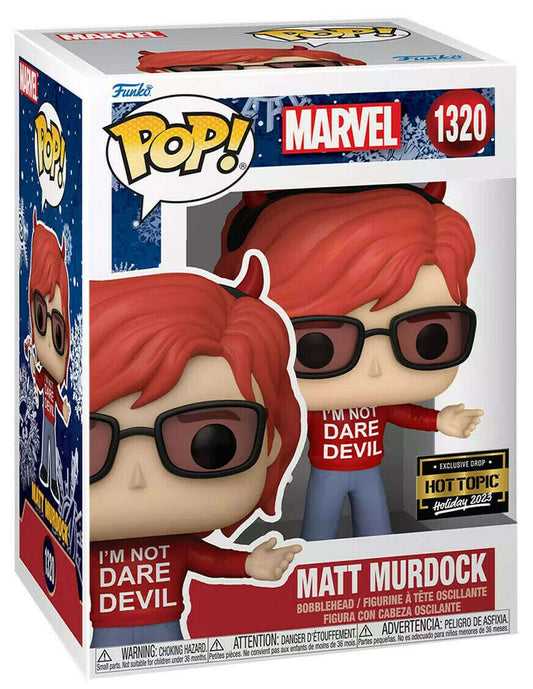 Funko Pop! Marvel DareDevil Matt Murdock Wearing I'M NOT DARE DEVIL SWEATER 1320 Exclusive Drop Hot Topic Holiday 2023 + PoP Protector