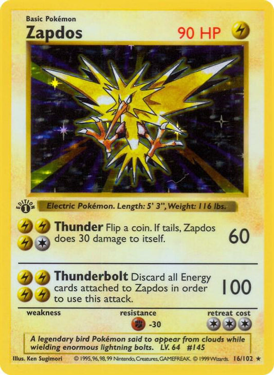 Pokemon TCG! Zapdos - Base Set (Shadowless) (BSS) ( NOT FIRST EDITION) SHADOWLESS
