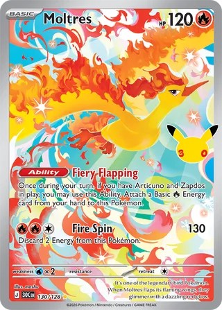 Pokemon TCG! Moltres 2026 30th Celebration #130/128 Near Mint