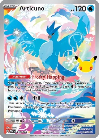 Pokemon TCG! Articuno 2026 30th Celebration #132/128 Near Mint