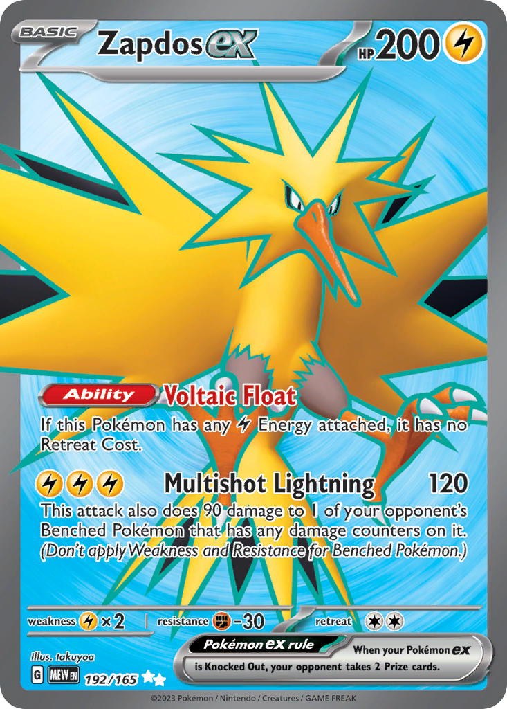 Pokemon TCG! Zapdos ex 2023 151 #192/165 Ultra Rare Near Mint