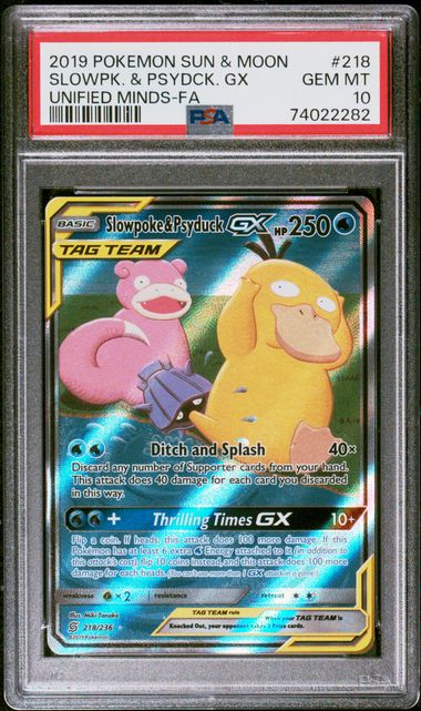 Pokemon TCG! 2019 Pokemon Sun and Moon Unified Minds Psyduck/Slowpoke Gx #218 PSA 10