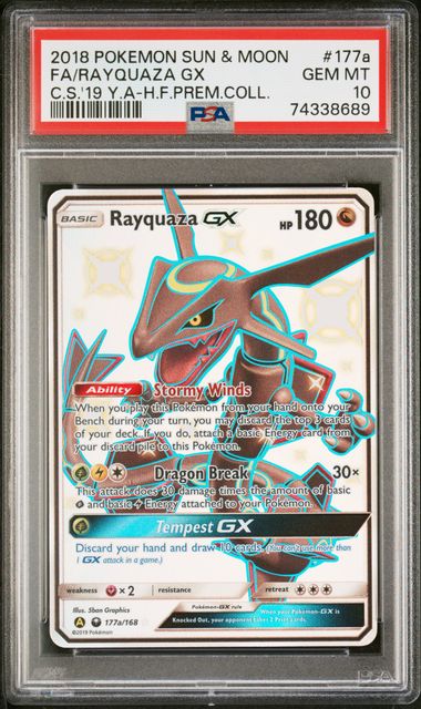Pokemon TCG! 2018 Pokemon Sun and Moon Promo Yellow A Hidden Fates Ultra Premium Collection '19 Celestial Storm Rayquaza Gx #177A PSA 10