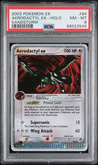 Pokemon TCG! 2003 POKEMON EX SANDSTORM #94 AERODACTYL EX-HOLO SANDSTORM PSA 8