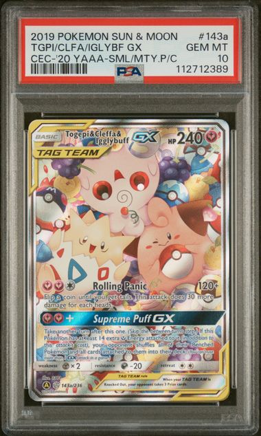 Pokemon TCG! 2019 POKEMON SUN & MOON COSMIC ECLIPSE #143a TGPI/CLFA/IGLYBF GX CEC-'20 YAAA-SML/MTY.P/C PSA 10