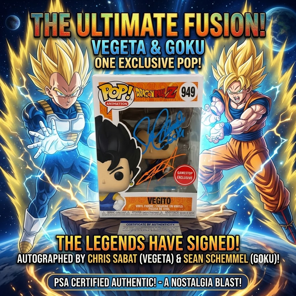Dragon Ball Vegito Metallic GameStop Funko Pop 949 Signed Chris Sabat Sean Schemmel PSA + PoP Protector