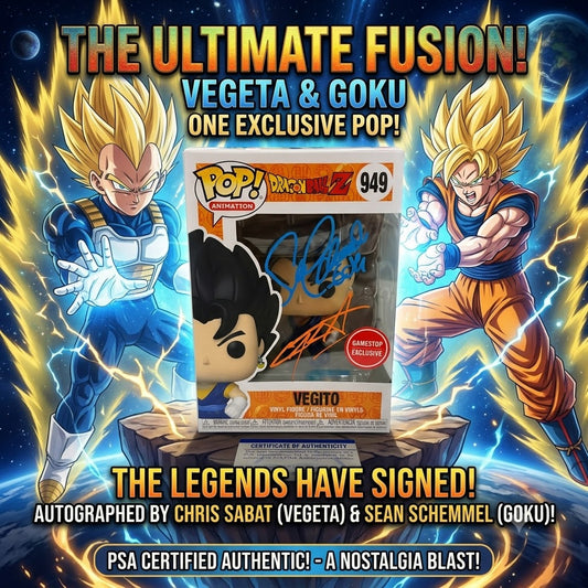 Dragon Ball Vegito Metallic GameStop Funko Pop 949 Signed Chris Sabat Sean Schemmel PSA + PoP Protector