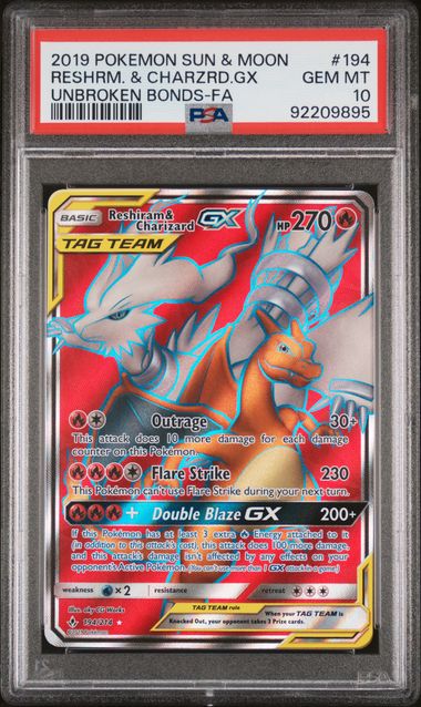 Pokemon TCG! 2019 Pokemon Sun and Moon Unbroken Bonds Charizard Gx/Reshiram #194 PSA 10 GEM MINT