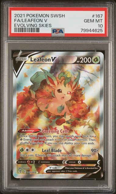Pokemon TCG! 2021 POKEMON SWORD & SHIELD EVOLVING SKIES #167 FA/LEAFEON V EVOLVING SKIES PSA 10