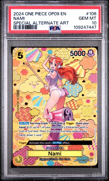 One Piece TCG! 2024 ONE PIECE OP09-EMPERORS IN THE NEW WORLD #106 NAMI SPECIAL ALTERNATE ART PSA 10