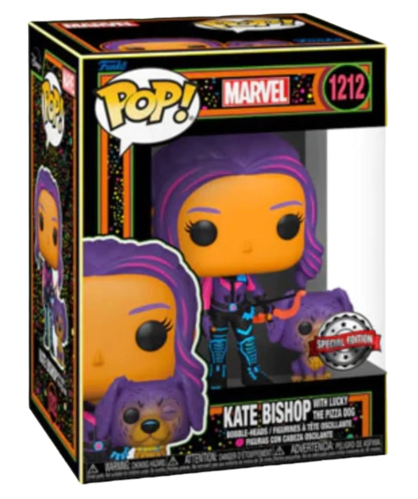 Funko Pop! Marvel Kate Bishop with Lucky Pizza Dog Blacklight 1212 Special Edition + Pop Protector