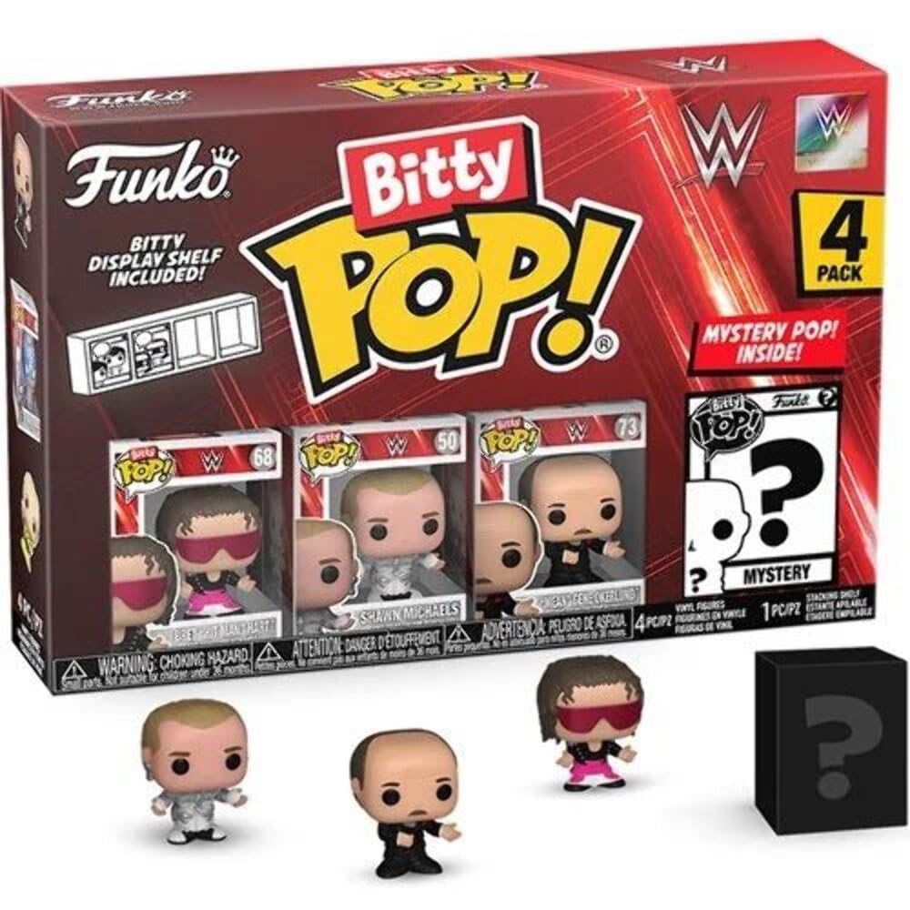 Funko Bitty Pop! : WWE Mini Collectible Toys 4-Pack - Bret “Hit Man” Hart, Shawn Michaels, “Mean” Gene Okerlund, & Mystery Figure (Styles May Vary)