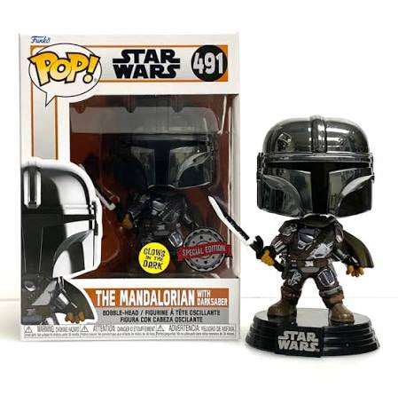 Funko Pop! Star Wars - The Mandalorian with Darksaber 491 Glows in the Dark Special Edition Figure + Pop Protector