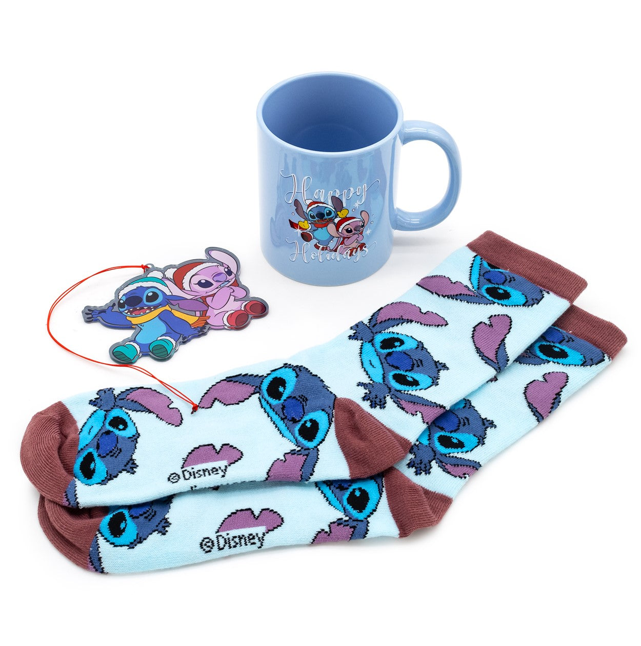 Disney Stitch and Angel Holiday Christmas Gift Set! Includes Stitch and Angel Socks, Mug, and Christmas Tree Ornament