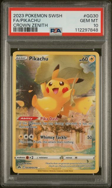 Pokemon TCG! 2023 POKEMON SWORD AND SHIELD CROWN ZENITH #GG30 FA/PIKACHU CROWN ZENITH PSA 10