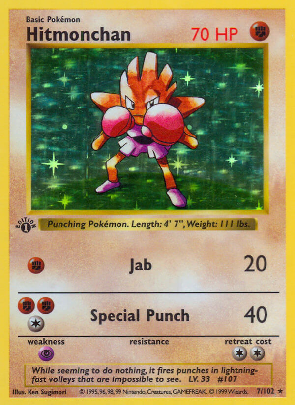 Pokemon TCG! Hitmonchan 1999 Base Set 1st Edition #7/102 Holo