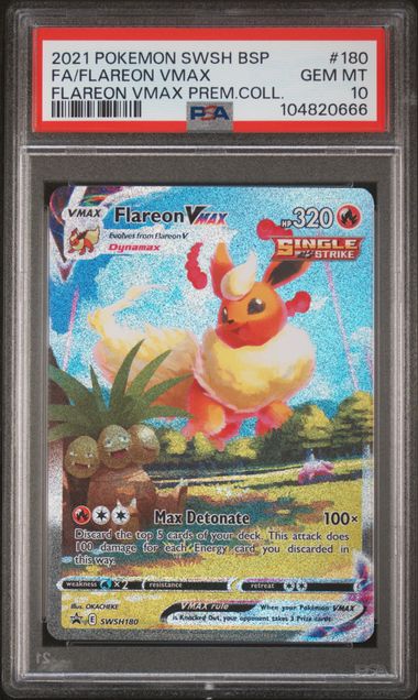 Pokemon TCG! 2021 POKEMON SWSH BLACK STAR PROMO #180 FA/FLAREON VMAX FLAREON VMAX PREM.COLL.PSA 10