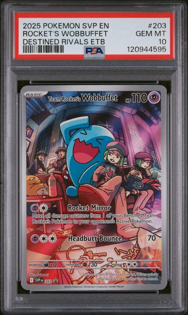 Pokemon TCG! 2025 POKEMON SVP EN-SV BLACK STAR PROMO #203 ROCKET'S WOBBUFFET DESTINED RIVALS ETB PSA 10