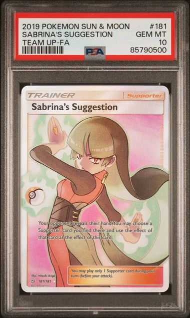 Pokemon TCG! 2019 POKEMON SUN & MOON TEAM UP #181 SABRINA'S SUGGESTION TEAM UP-FA PSA 10