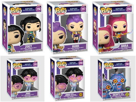 PREORDER COMPLETE SET OF 6 : Funko Pop! Netflix K-pop Demon Hunters - Zoey 2256 / Rumi 2257 / Mira 2258 / Jinu 2259 + CHASE / Derpy and Glows in the Dark Sussie 2260 Figures + Pop Protectors