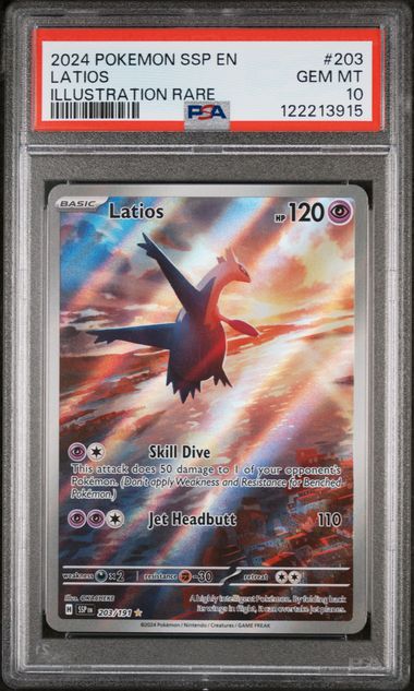 Pokemon TCG! 2024 POKEMON SSP EN-SURGING SPARKS #203 LATIOS ILLUSTRATION RARE PSA 10
