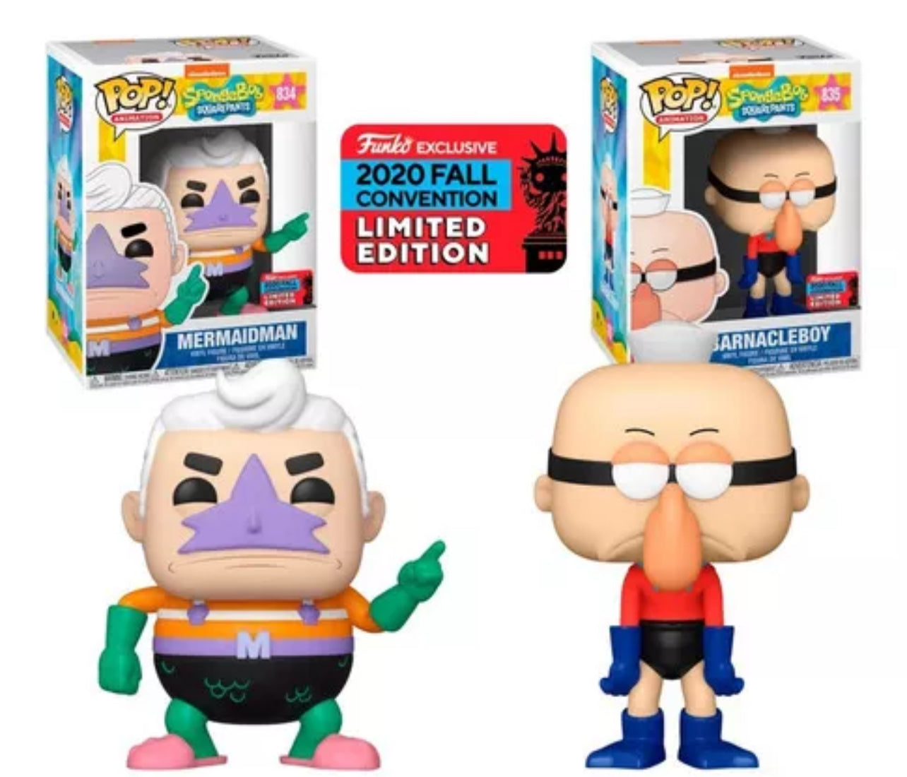 Funko Pop! Nickelodeon SpongeBob SquarePants - Mermaidman 834 and Barnacleboy 835 Funko 2020 Fall Convention Exclusive (VAULTED) + Free Protector