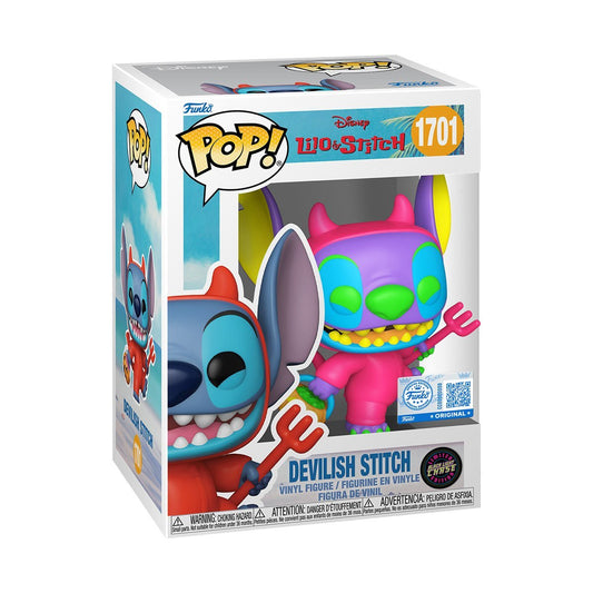 Funko Pop! Disney Lilo & Stitch - Devilish Stitch 1701 Black Light CHASE Funko Special Edition Figure + Pop Protector