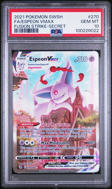 Pokemon TCG! 2021 Pokemon Sword and Shield Fusion Strike Secret Rare Espeon Vmax #270 PSA 10