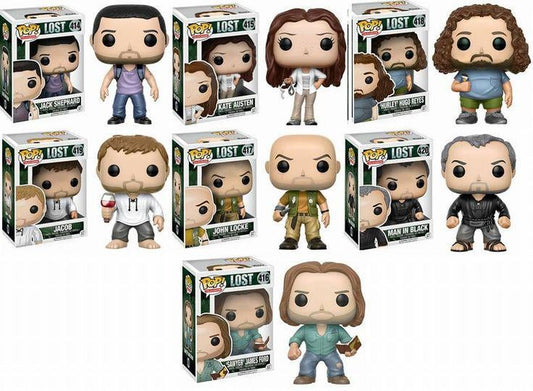 Funko Pop! LOST COMPLETE SET : Jack Shephard 414, Kate Austen 415, ‘Sawyer’ James Ford 416, John Locke 417, ‘Hurley’ Hugo Reyes 418, Jacob 419, Man In Black 420, Vinyl Figures + Pop Protectors (VAULTED)