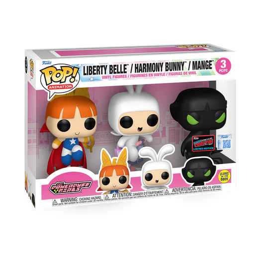 Funko Pop! The Powerpuff Girls - Liberty Belle / Harmony Bunny / Mange Funko 2025 Fall Convention Exclusive Glows in the Dark 3 Pack Figure Set