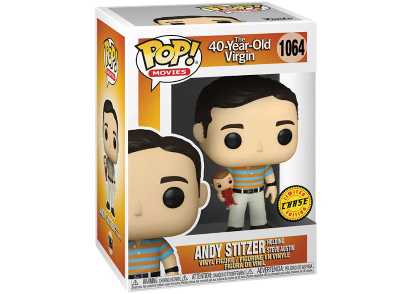 Funko POP! Movies - The 40-Year-Old Virgin - Andy Stitzer Holding Steve Austin #1064 CHASE Figure + PROTECTOR!