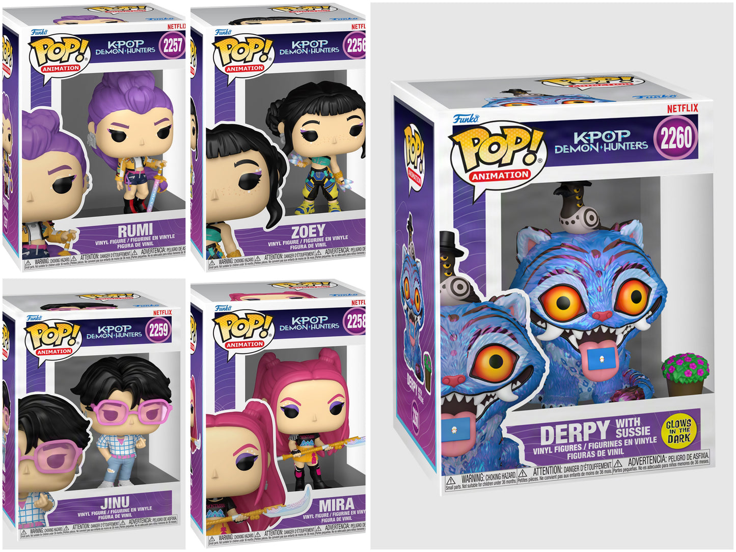 SET OF 5 : Funko Pop! Netflix K-pop Demon Hunters - Zoey 2256 / Rumi 2257 / Mira 2258 / Jinu 2259 / Derpy and Glows in the Dark Sussie 2260 Figures + Pop Protectors