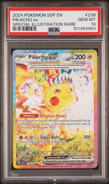 Pokemon TCG! 2024 POKEMON SSP EN-SURGING SPARKS #238 PIKACHU ex SPECIAL ILLUSTRATION RARE PSA 10