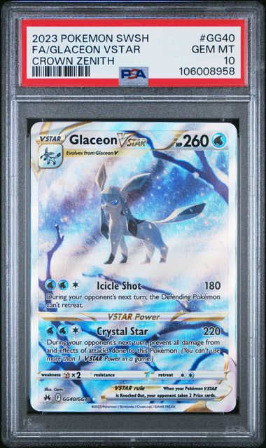 Pokemon TCG! 2023 POKEMON SWORD AND SHIELD CROWN ZENITH #GG40 FA/GLACEON VSTAR CROWN ZENITH PSA 10