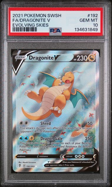 Pokemon TCG! 2021 POKEMON SWORD & SHIELD EVOLVING SKIES #192 FA/DRAGONITE V EVOLVING SKIES PSA 10