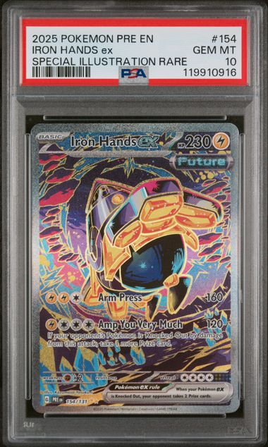 Pokemon TCG! 2025 POKEMON PRE EN-PRISMATIC EVOLUTIONS #154 IRON HANDS ex SPECIAL ILLUSTRATION RARE PSA 10